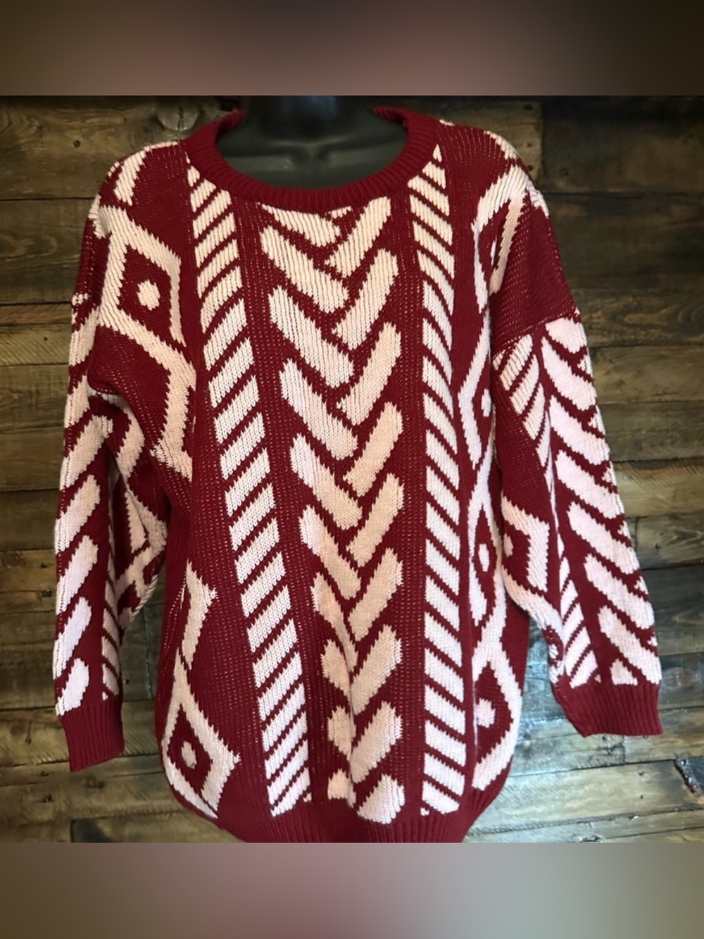 Vintage College Point XL Burgundy Pink Geometric Aztec Knit Crewneck Sweater